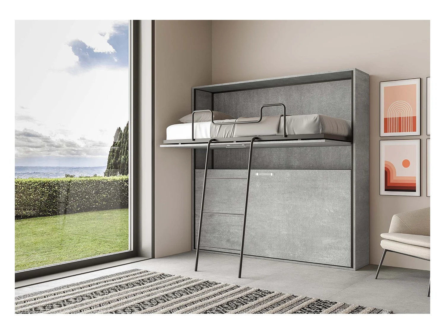 Lit escamotable horizontal superposé 2 couchages 85 Kando avec matelas Gris Béton