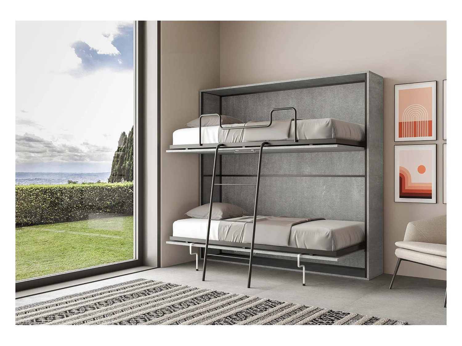 Lit escamotable horizontal superposé 2 couchages 85 Kando avec matelas Gris Béton