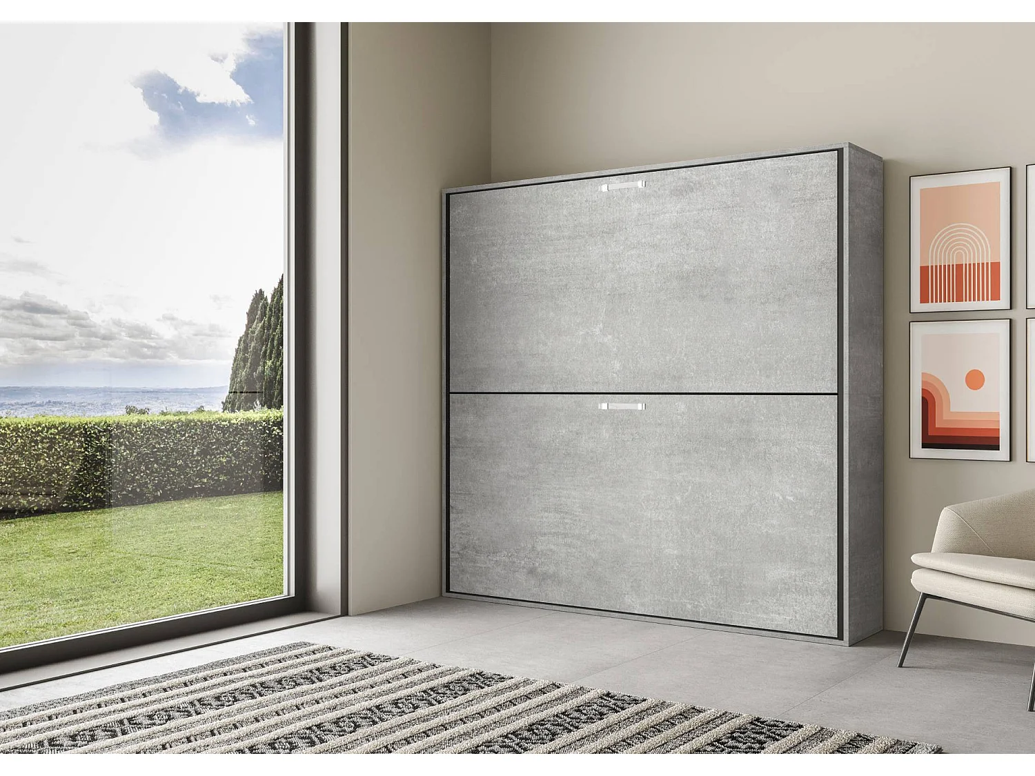 Lit escamotable horizontal superposé 2 couchages 85 Kando avec matelas Gris Béton