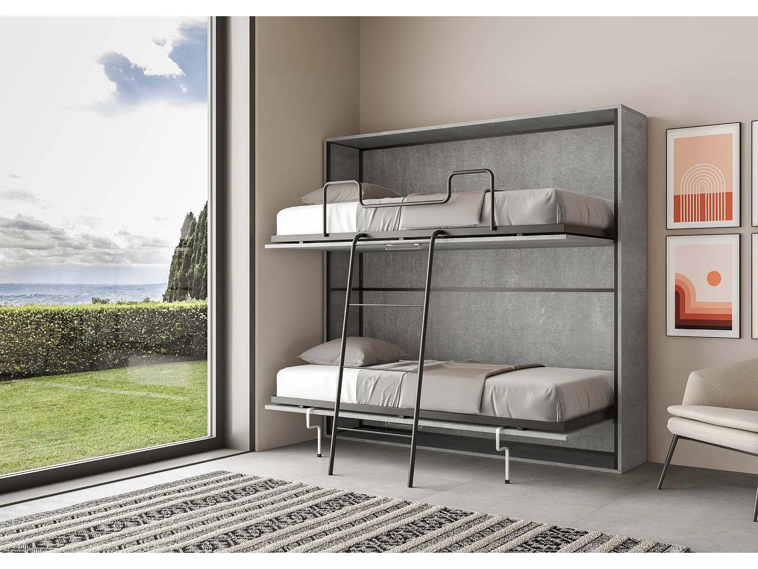 Lit escamotable horizontal superposé 2 couchages 85 Kando avec matelas Gris Béton