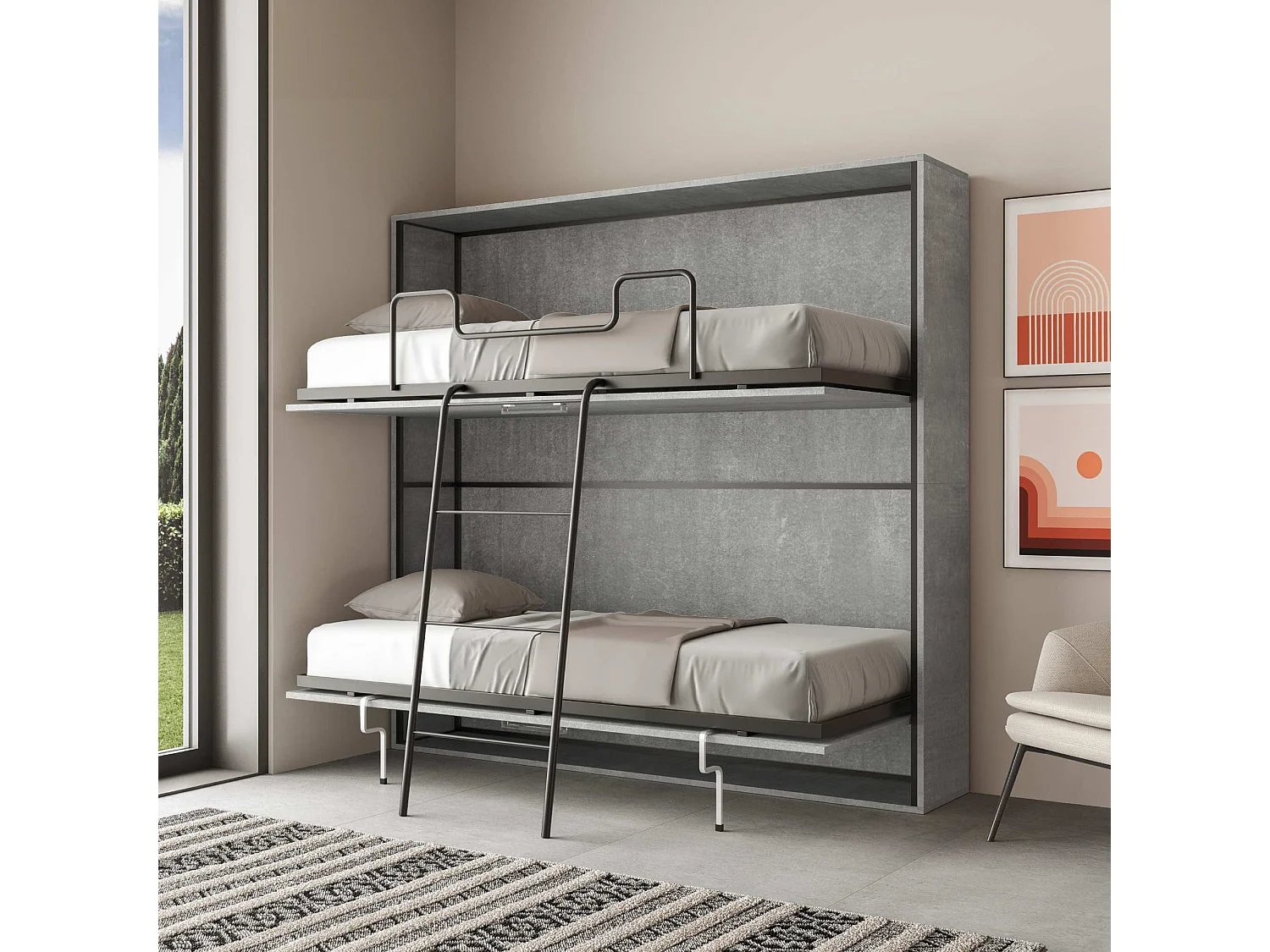 Lit escamotable horizontal superposé 2 couchages 85 Kando Gris Béton