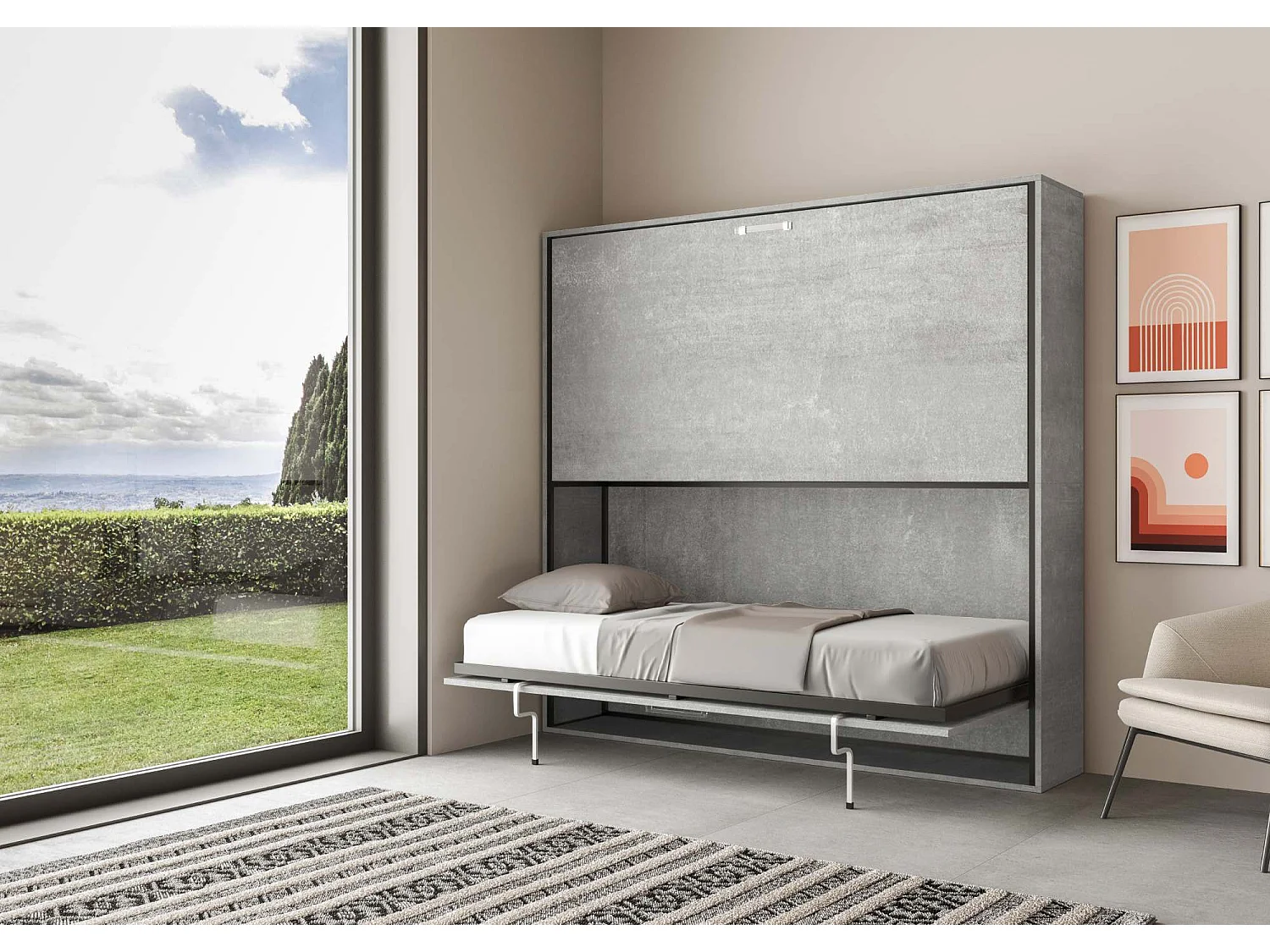 Lit escamotable horizontal superposé 2 couchages 85 Kando Gris Béton