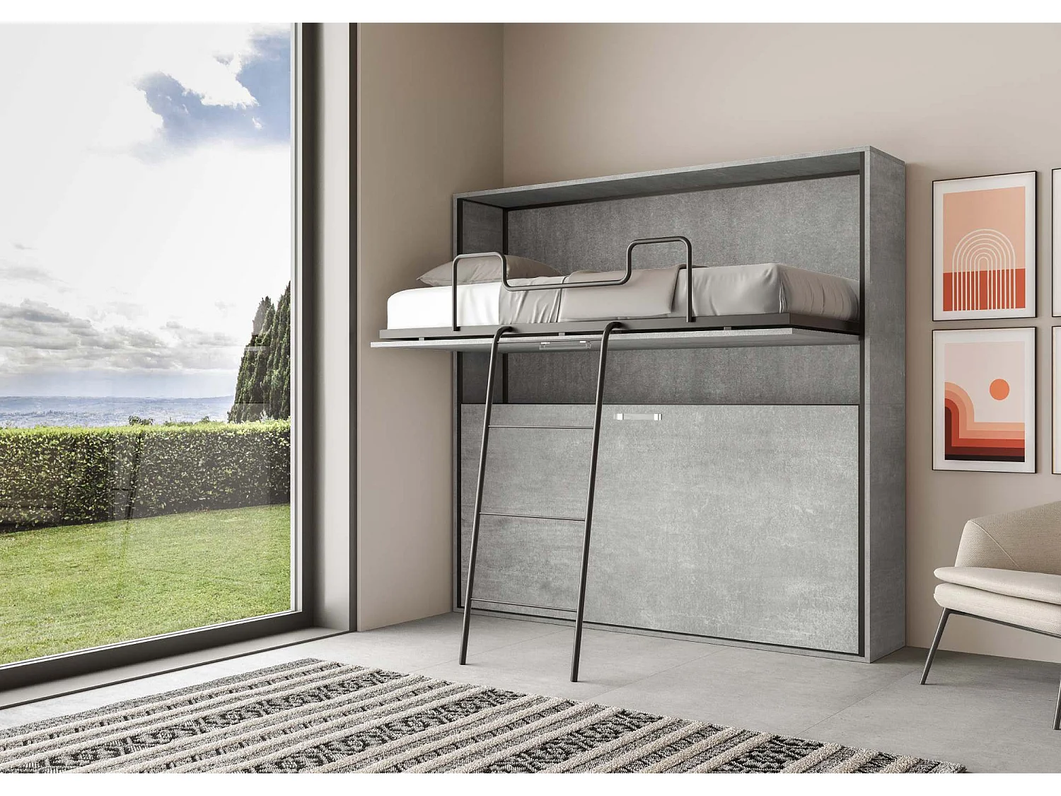 Lit escamotable horizontal superposé 2 couchages 85 Kando Gris Béton