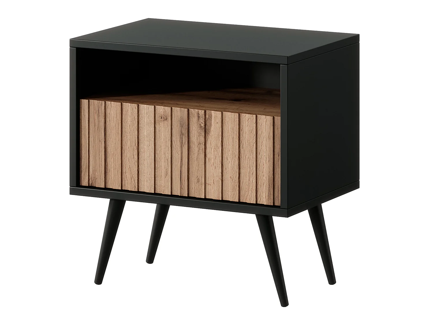 Table de chevet avec un tiroir - façade à lamelles - noir / chêne wotan - BELLO