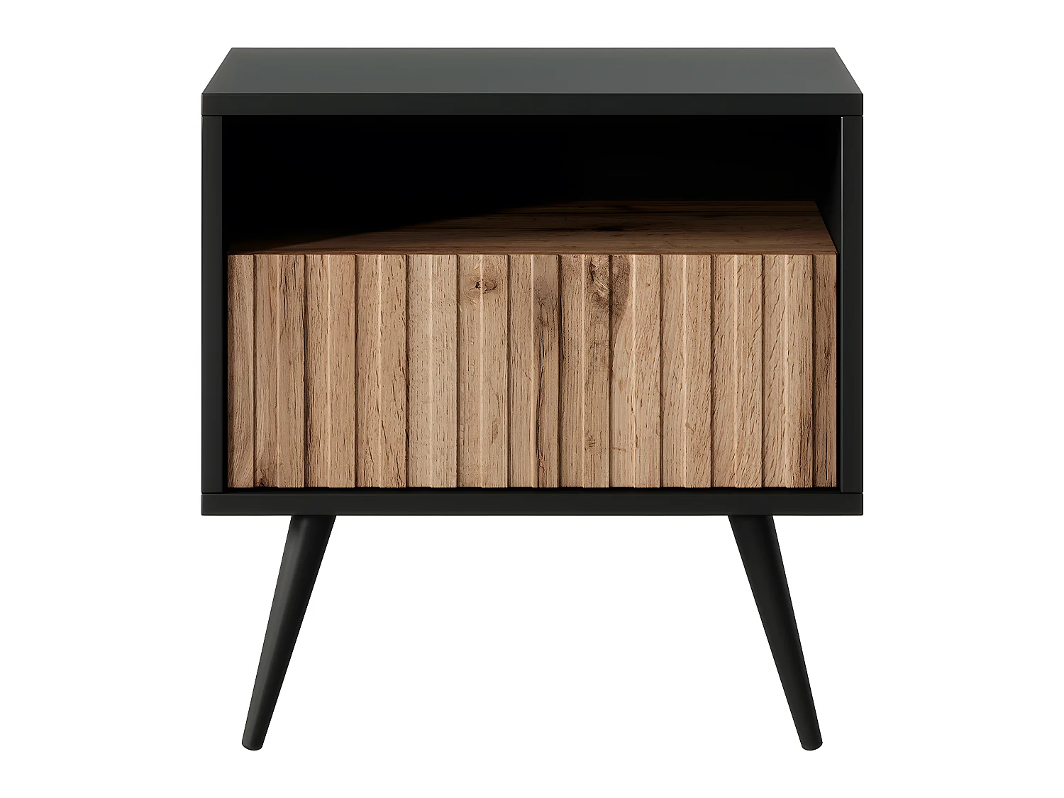 Table de chevet avec un tiroir - façade à lamelles - noir / chêne wotan - BELLO