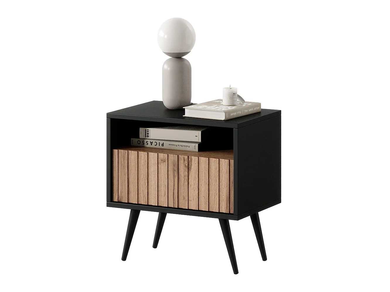 Table de chevet avec un tiroir - façade à lamelles - noir / chêne wotan - BELLO