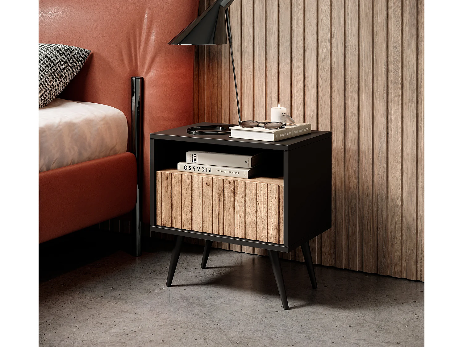 Table de chevet avec un tiroir - façade à lamelles - noir / chêne wotan - BELLO