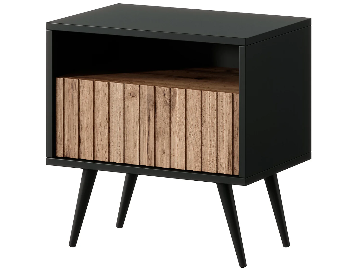 Table de chevet avec un tiroir - façade à lamelles - noir / chêne wotan - BELLO