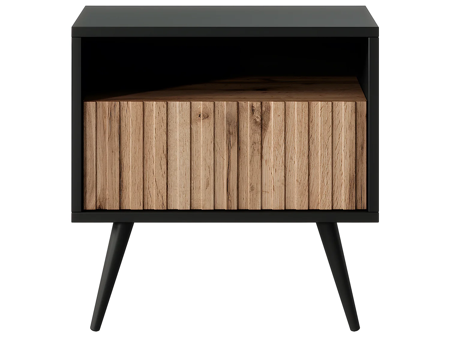 Table de chevet avec un tiroir - façade à lamelles - noir / chêne wotan - BELLO