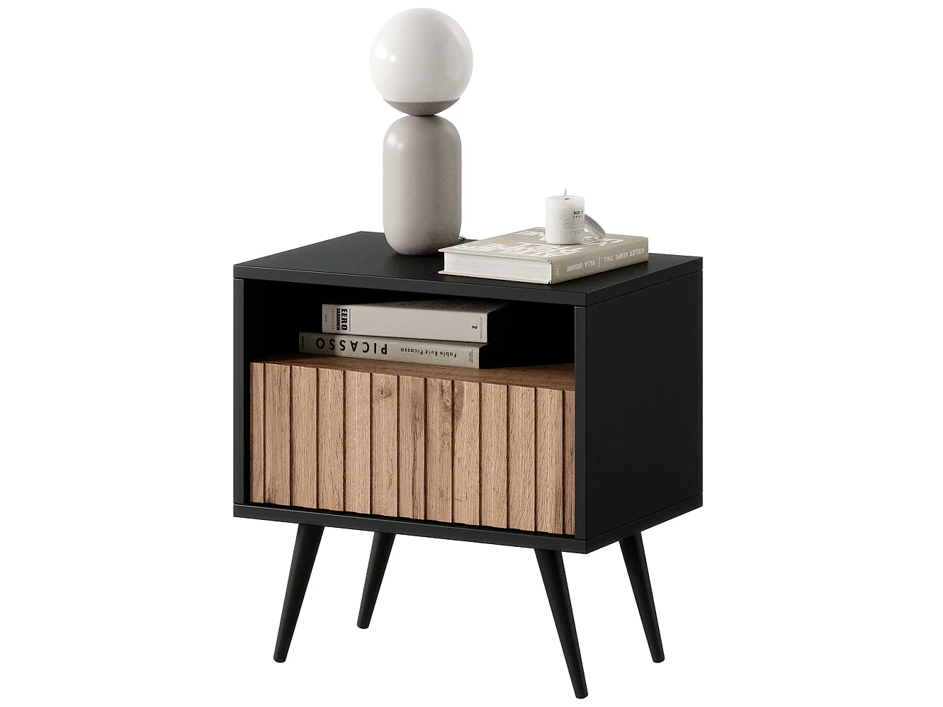 Table de chevet avec un tiroir - façade à lamelles - noir / chêne wotan - BELLO