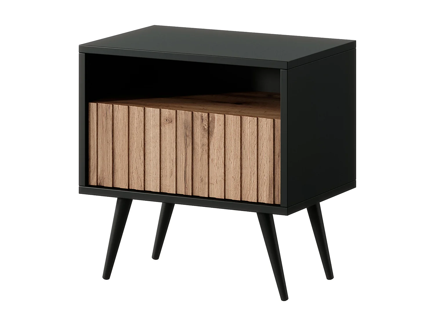 Table de chevet avec un tiroir - façade à lamelles - noir / chêne wotan - BELLO