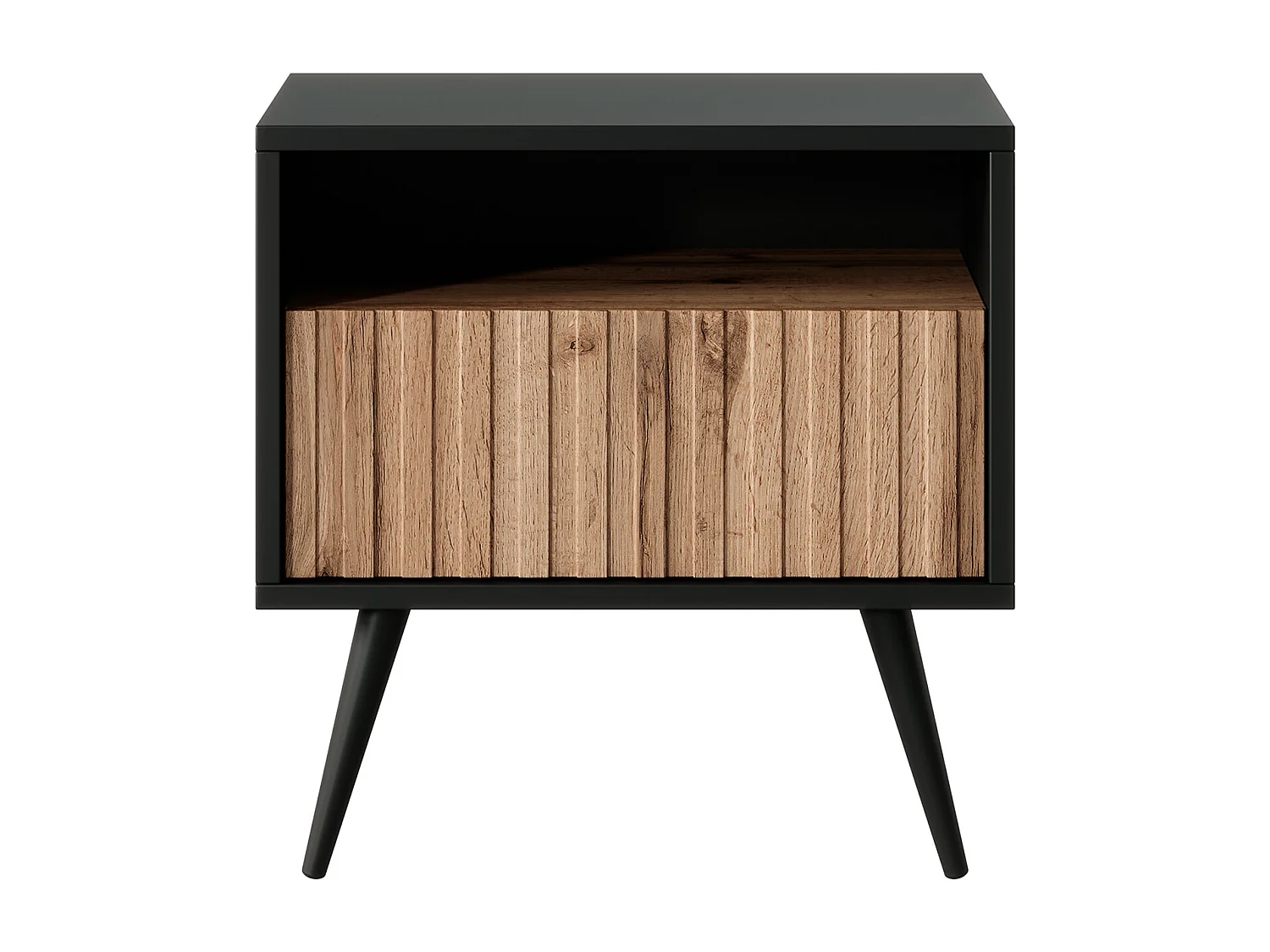 Table de chevet avec un tiroir - façade à lamelles - noir / chêne wotan - BELLO