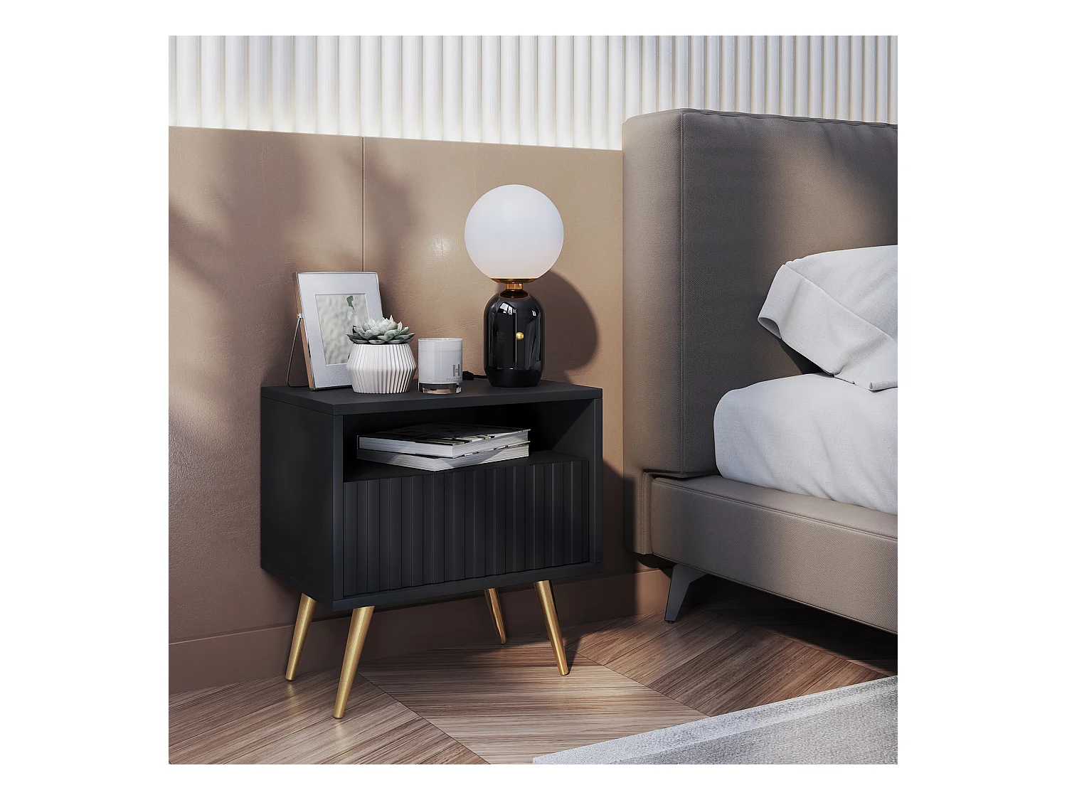 Table de chevet avec un tiroir - façade à lamelles - noir avec pieds dorés - BELLO