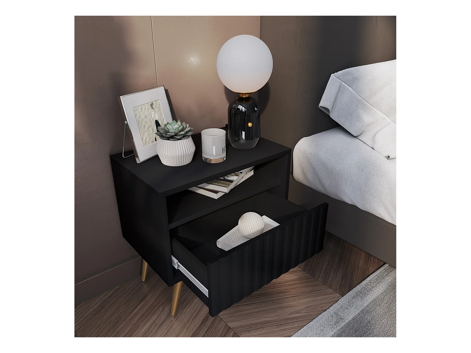 Table de chevet avec un tiroir - façade à lamelles - noir avec pieds dorés - BELLO