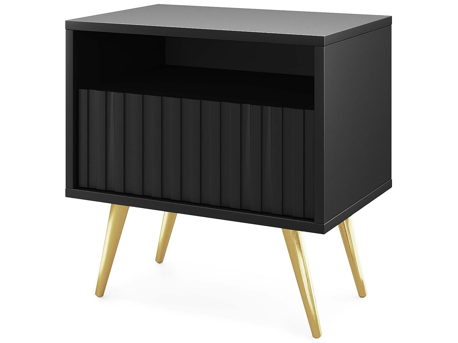 Table de chevet avec un tiroir - façade à lamelles - noir avec pieds dorés - BELLO