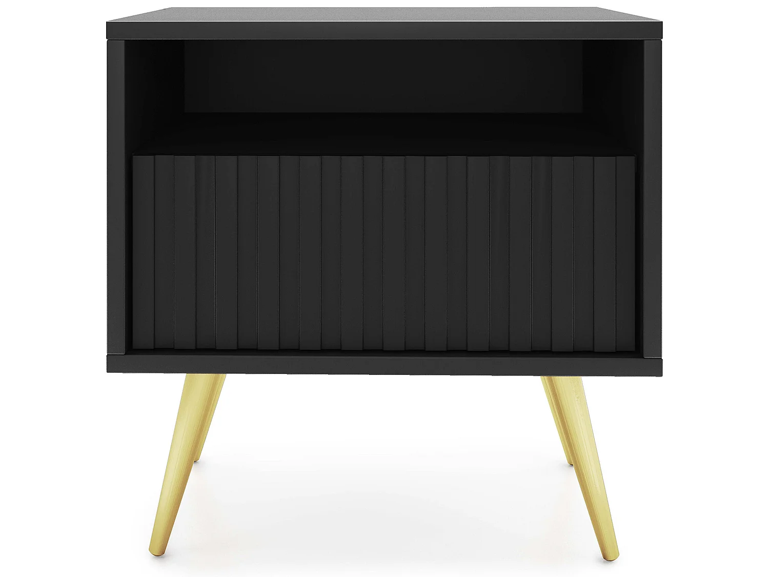 Table de chevet avec un tiroir - façade à lamelles - noir avec pieds dorés - BELLO