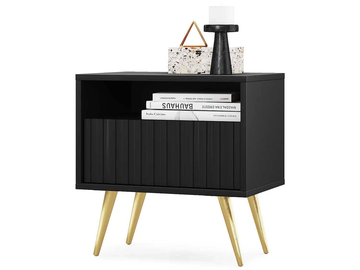 Table de chevet avec un tiroir - façade à lamelles - noir avec pieds dorés - BELLO