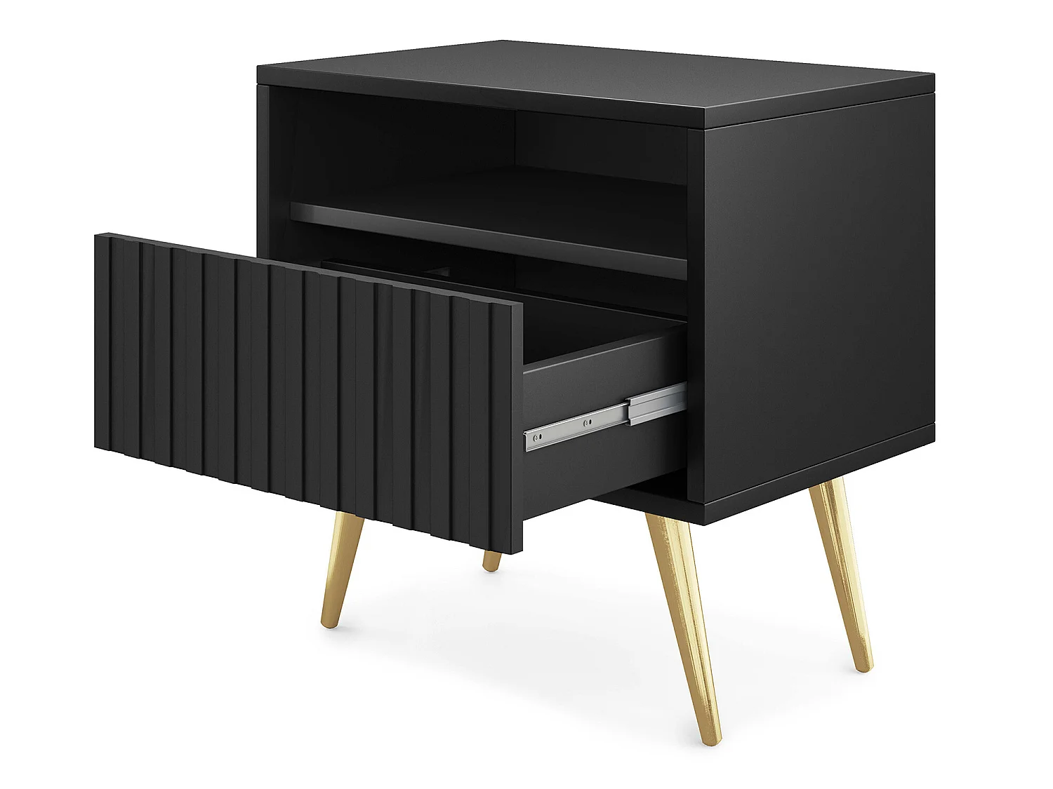 Table de chevet avec un tiroir - façade à lamelles - noir avec pieds dorés - BELLO