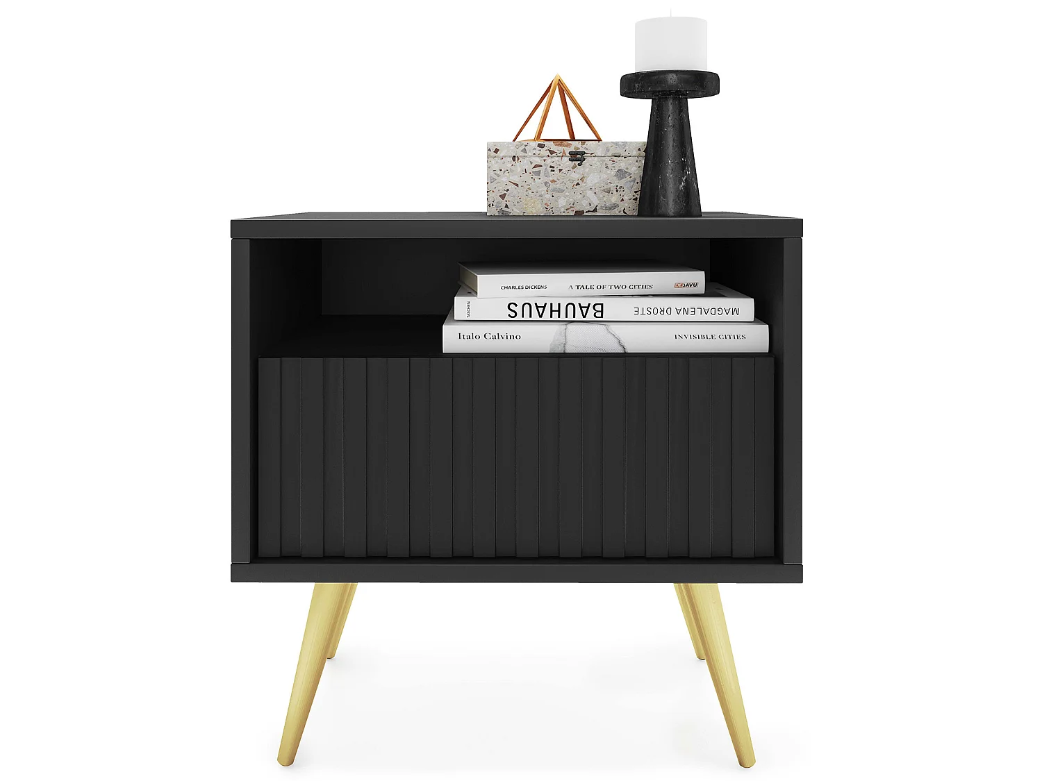 Table de chevet avec un tiroir - façade à lamelles - noir avec pieds dorés - BELLO