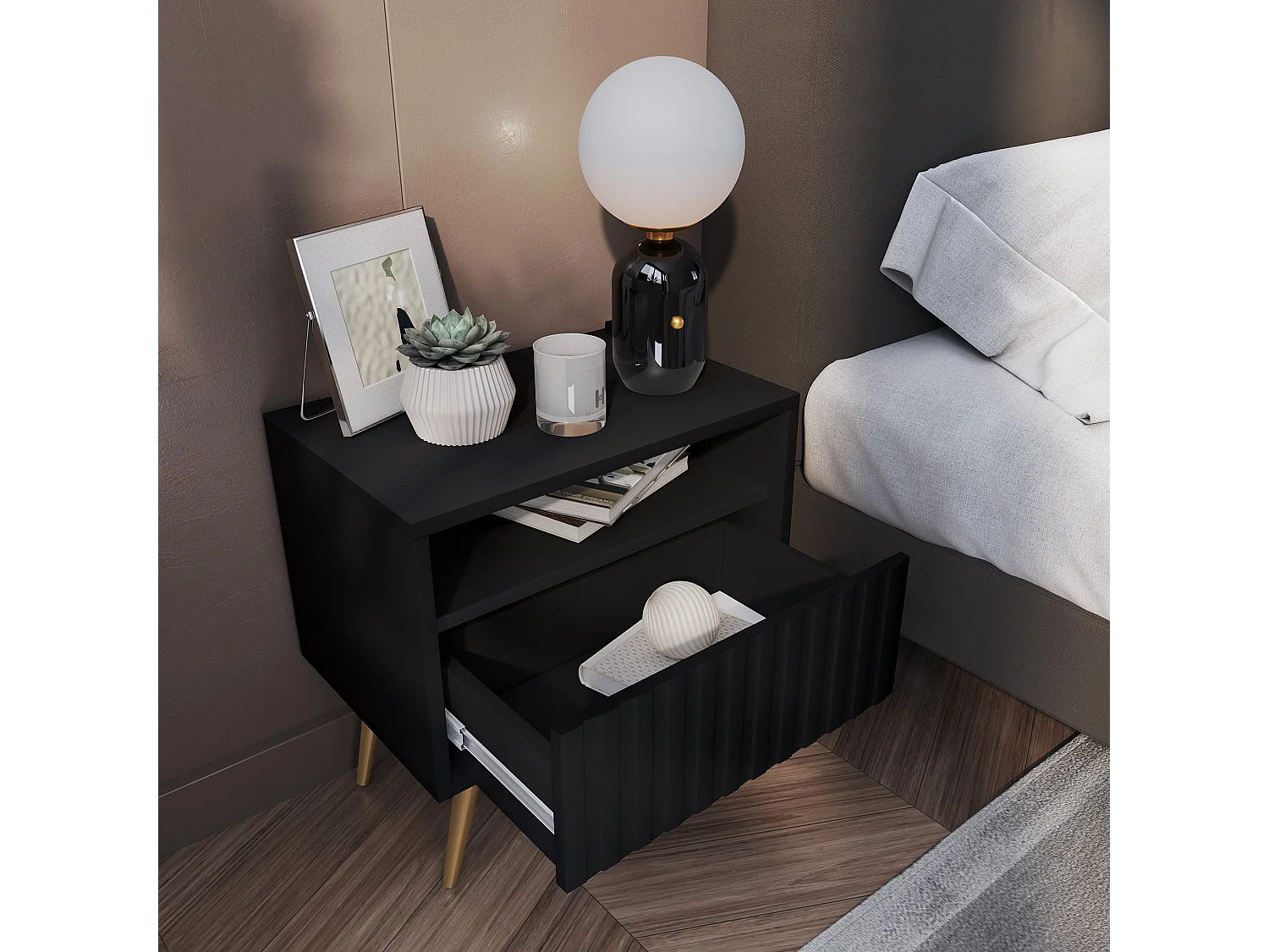 Table de chevet avec un tiroir - façade à lamelles - noir avec pieds dorés - BELLO