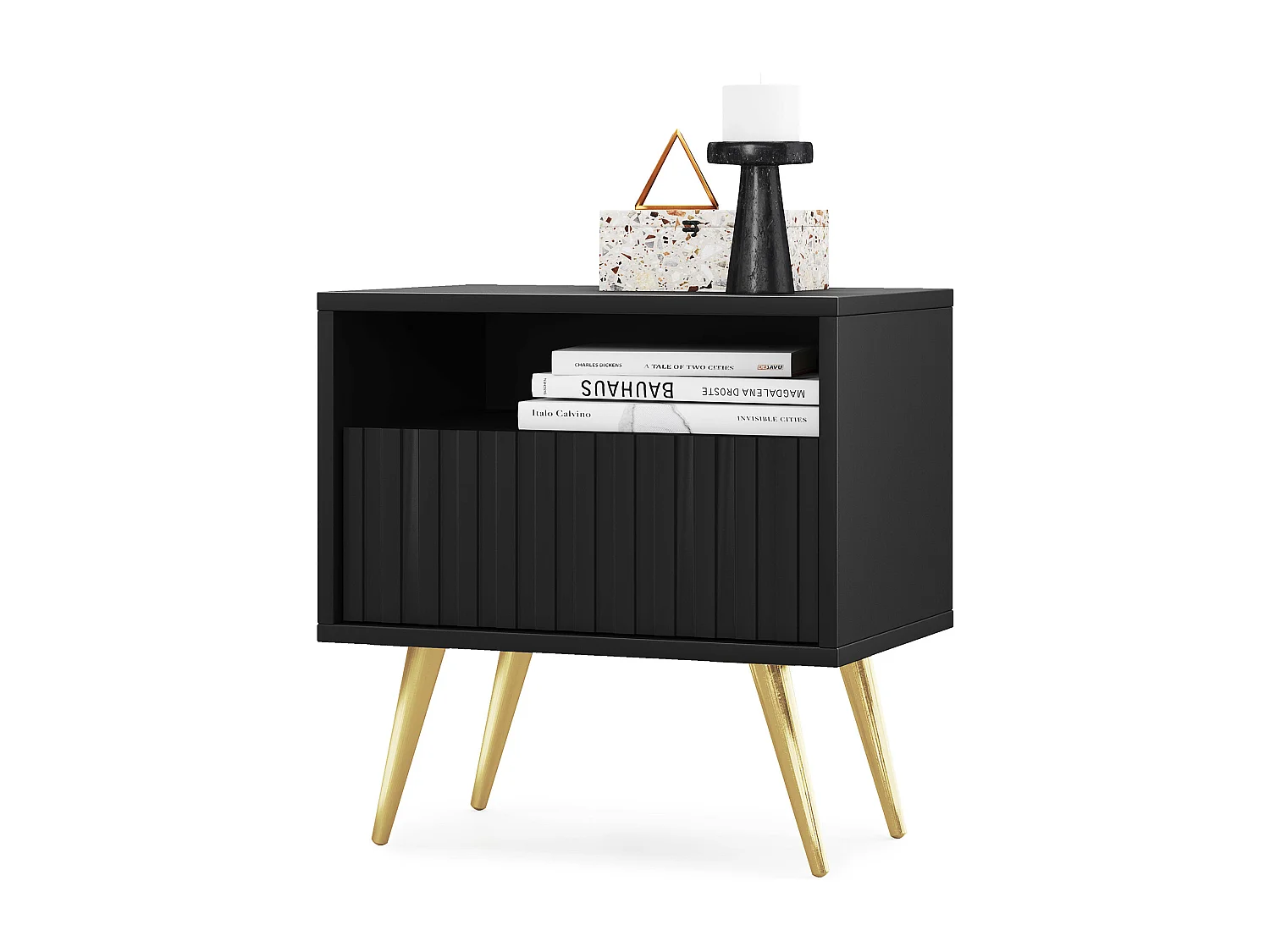 Table de chevet avec un tiroir - façade à lamelles - noir avec pieds dorés - BELLO