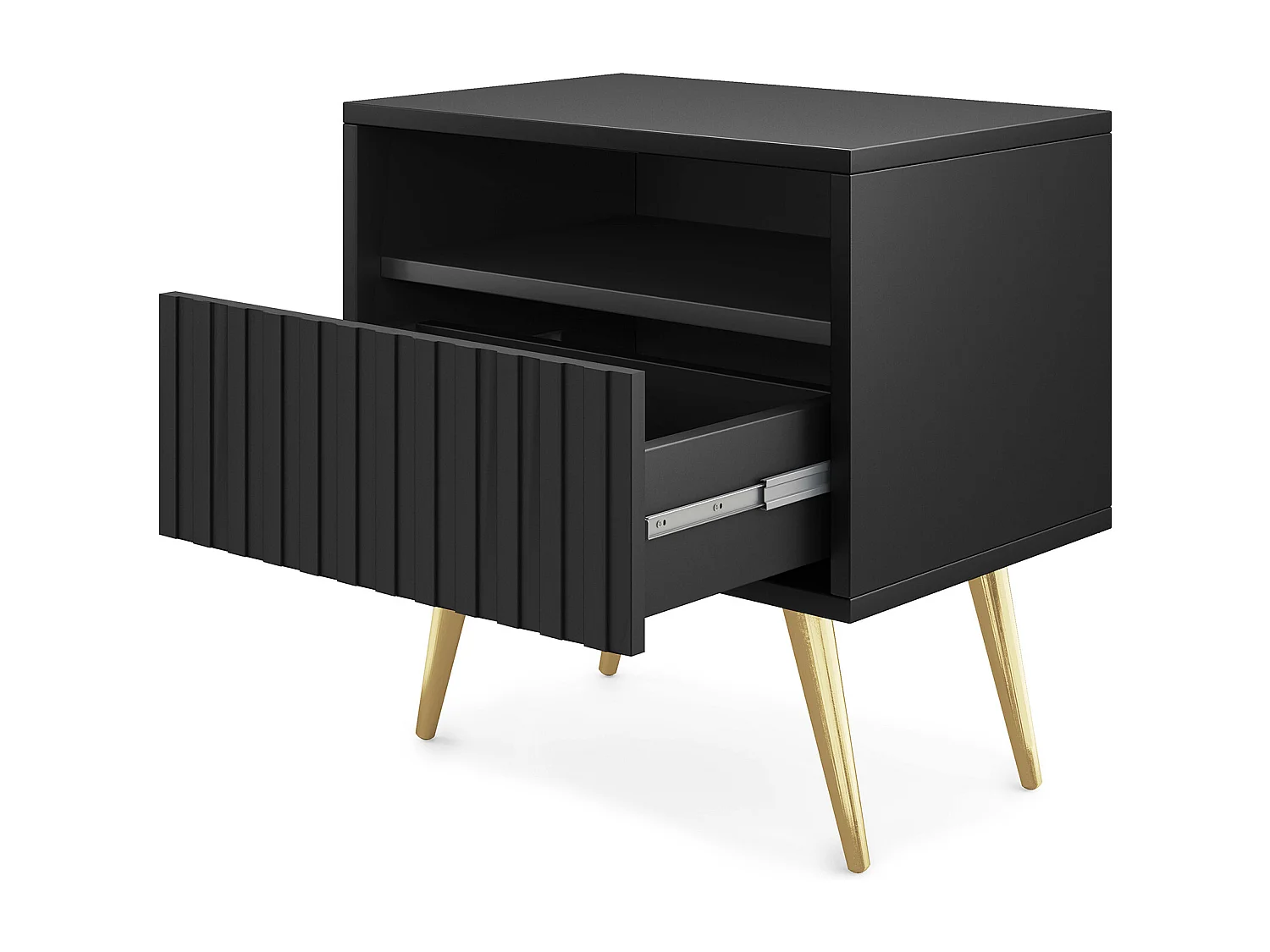 Table de chevet avec un tiroir - façade à lamelles - noir avec pieds dorés - BELLO