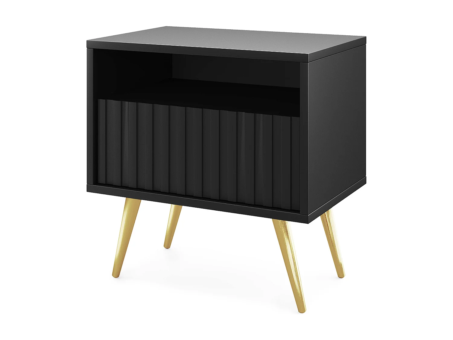 Table de chevet avec un tiroir - façade à lamelles - noir avec pieds dorés - BELLO