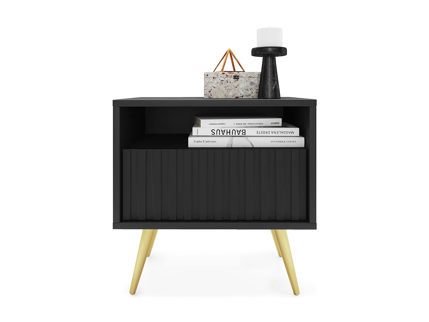 Table de chevet avec un tiroir - façade à lamelles - noir avec pieds dorés - BELLO