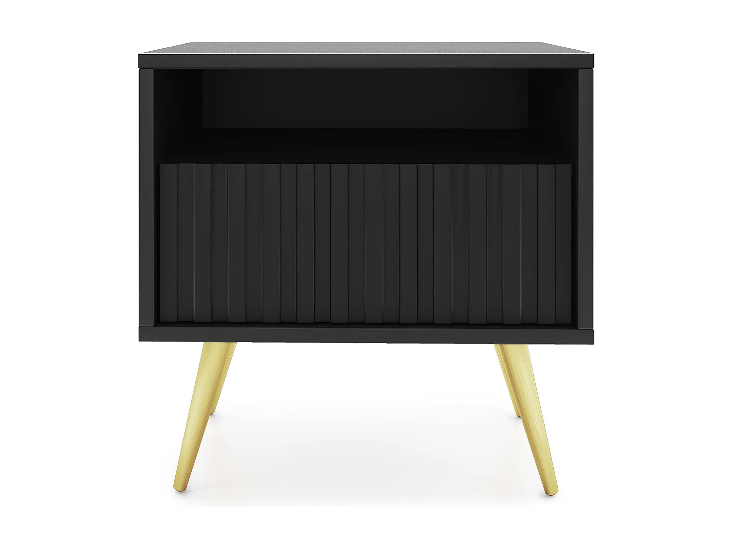 Table de chevet avec un tiroir - façade à lamelles - noir avec pieds dorés - BELLO