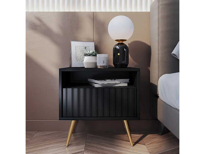 Nachttisch mit Schublade - Lamellenfronten - Schwarz mit goldenen Beinen - Bello