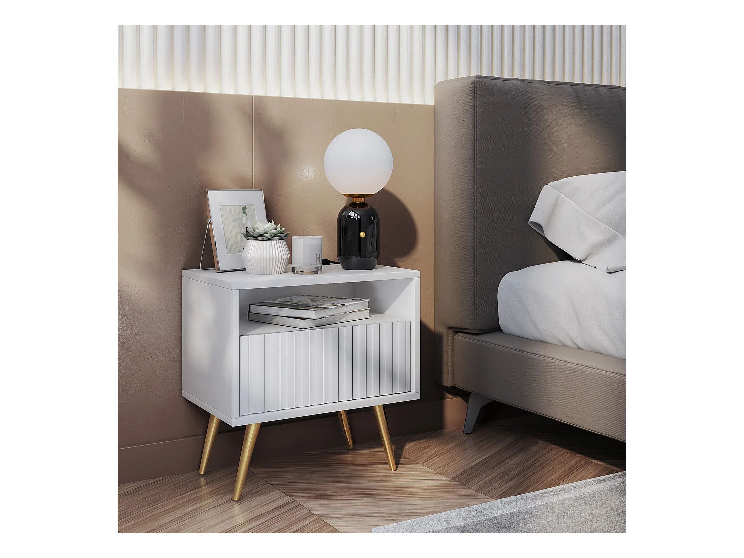 Nachttisch mit Schublade - Lamellenfronten - weiß mit goldenen Beinen - Bello