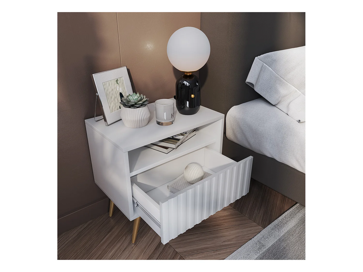 Nachttisch mit Schublade - Lamellenfronten - weiß mit goldenen Beinen - Bello