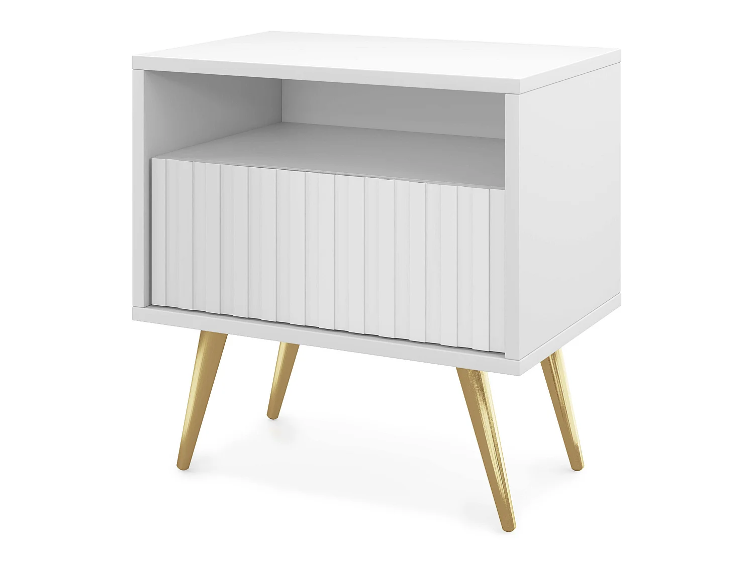 Nachttisch mit Schublade - Lamellenfronten - weiß mit goldenen Beinen - Bello