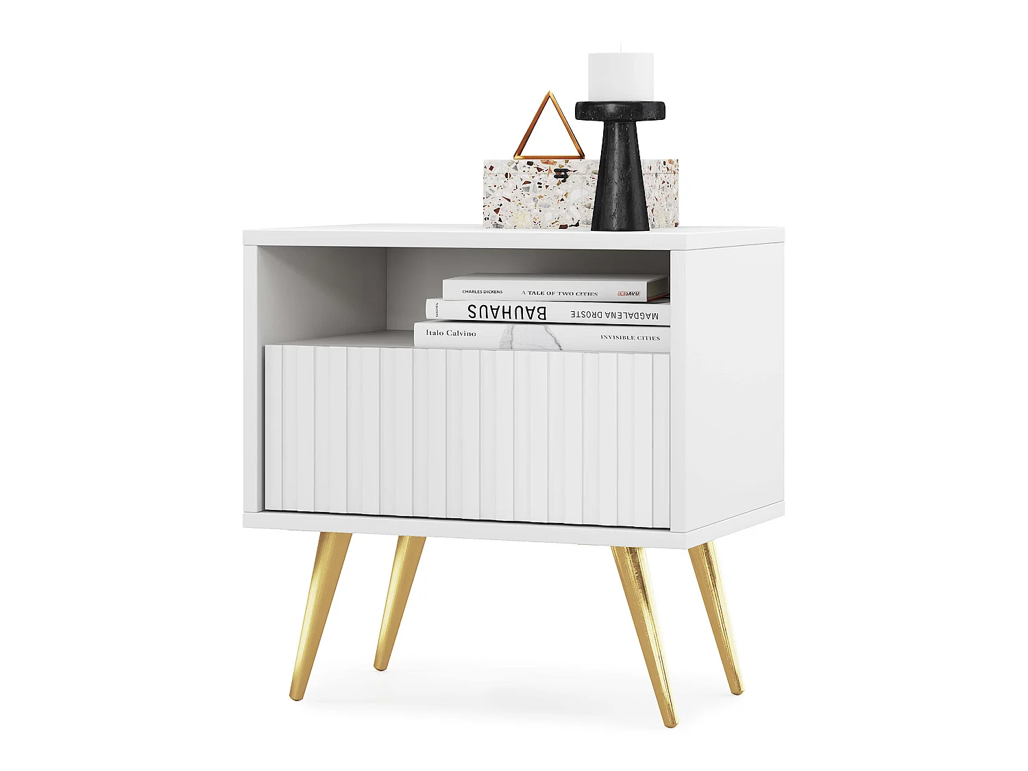 Nachttisch mit Schublade - Lamellenfronten - weiß mit goldenen Beinen - Bello