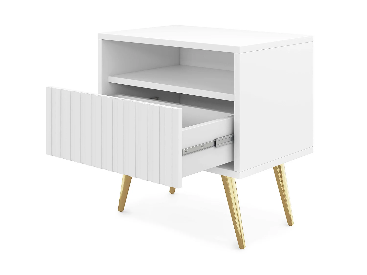 Nachttisch mit Schublade - Lamellenfronten - weiß mit goldenen Beinen - Bello