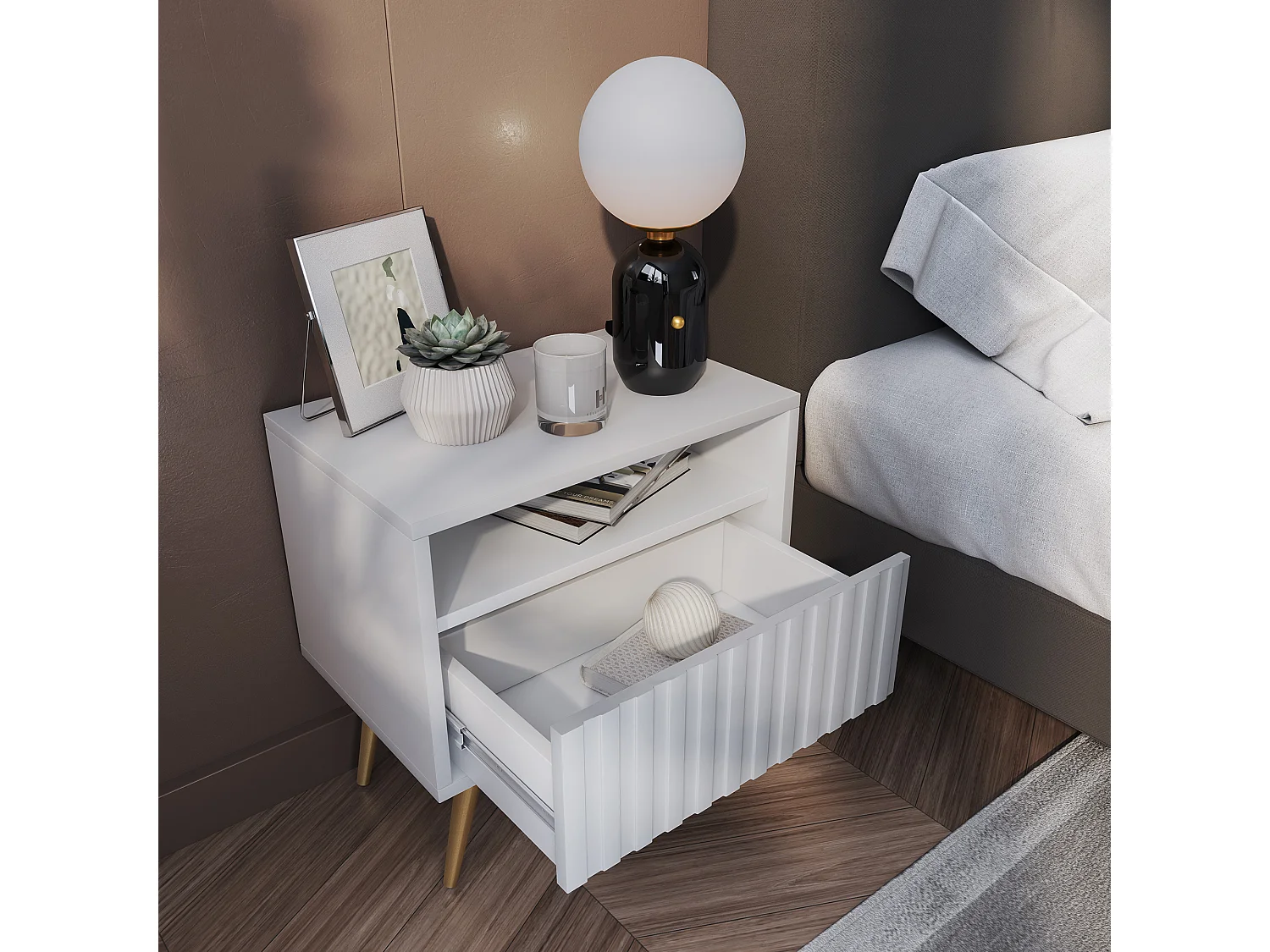 Table de chevet avec un tiroir - façade à lamelles - blanc avec pieds dorés - BELLO