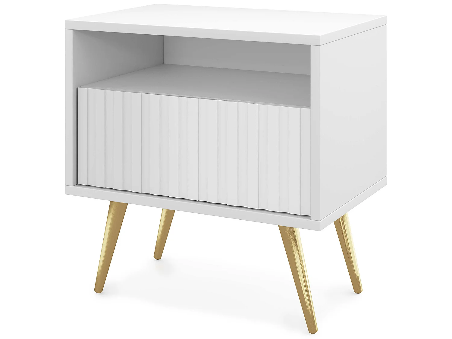 Table de chevet avec un tiroir - façade à lamelles - blanc avec pieds dorés - BELLO