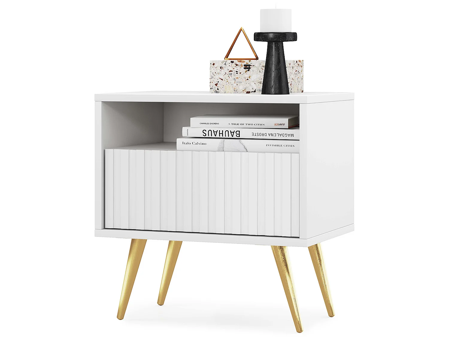 Table de chevet avec un tiroir - façade à lamelles - blanc avec pieds dorés - BELLO