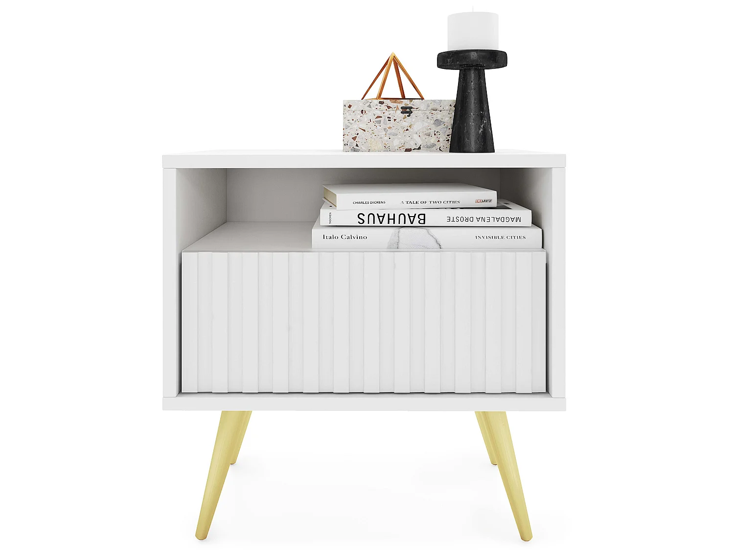 Table de chevet avec un tiroir - façade à lamelles - blanc avec pieds dorés - BELLO