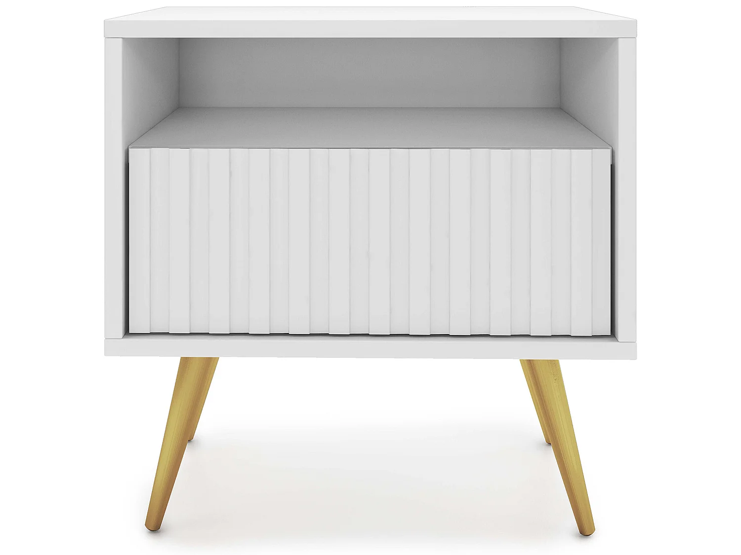 Table de chevet avec un tiroir - façade à lamelles - blanc avec pieds dorés - BELLO