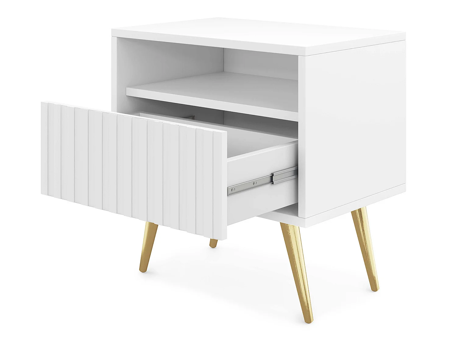 Table de chevet avec un tiroir - façade à lamelles - blanc avec pieds dorés - BELLO