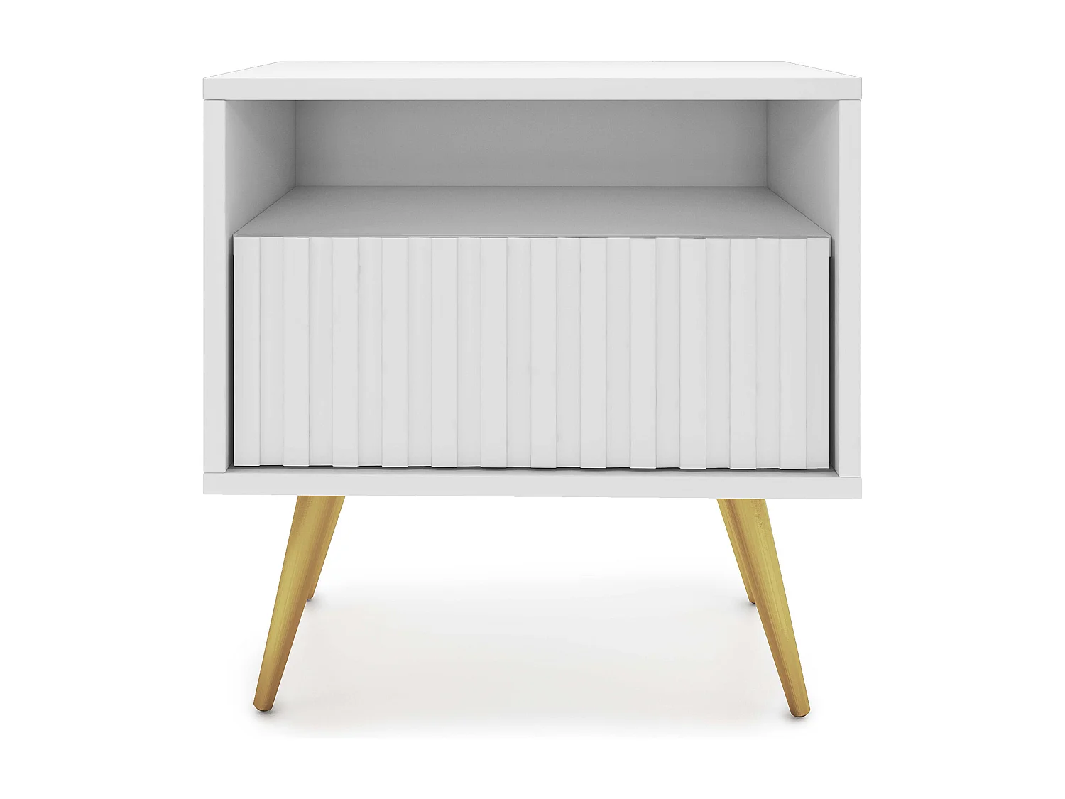 Nachtkastje met één lade - lamellenfront - wit met gouden poten - BELLO