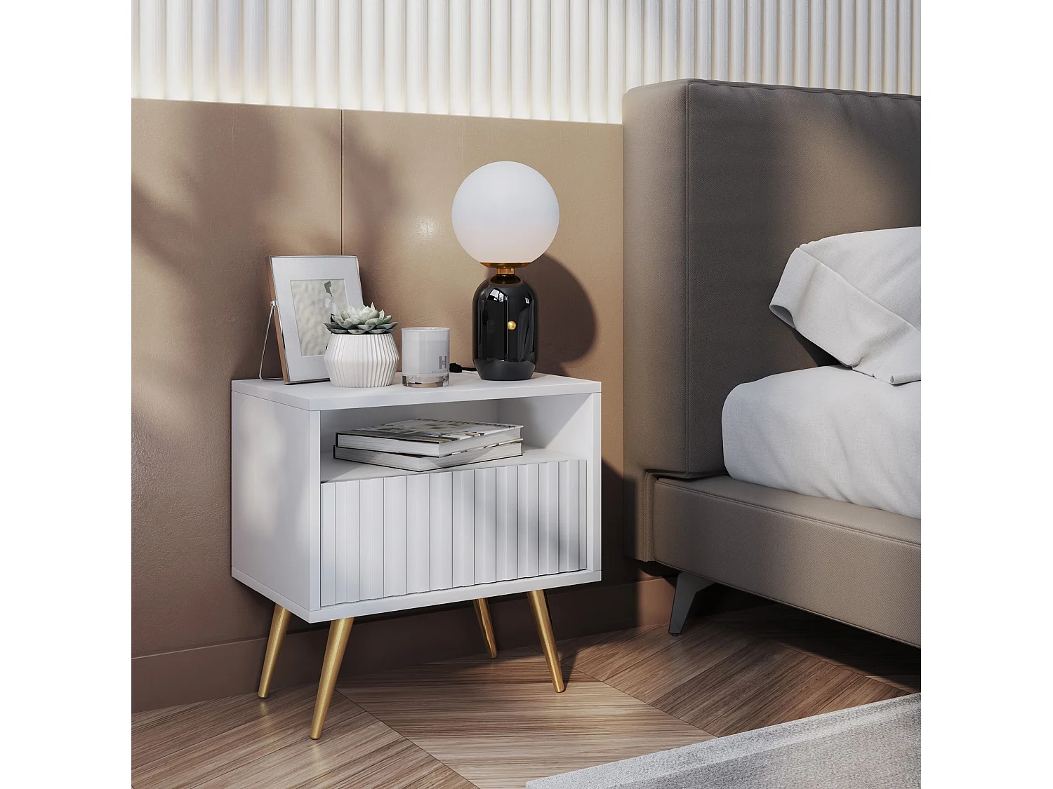 Nachttisch mit einer Schublade - Lattenrostfront - weiß mit goldenen Beinen - BELLO