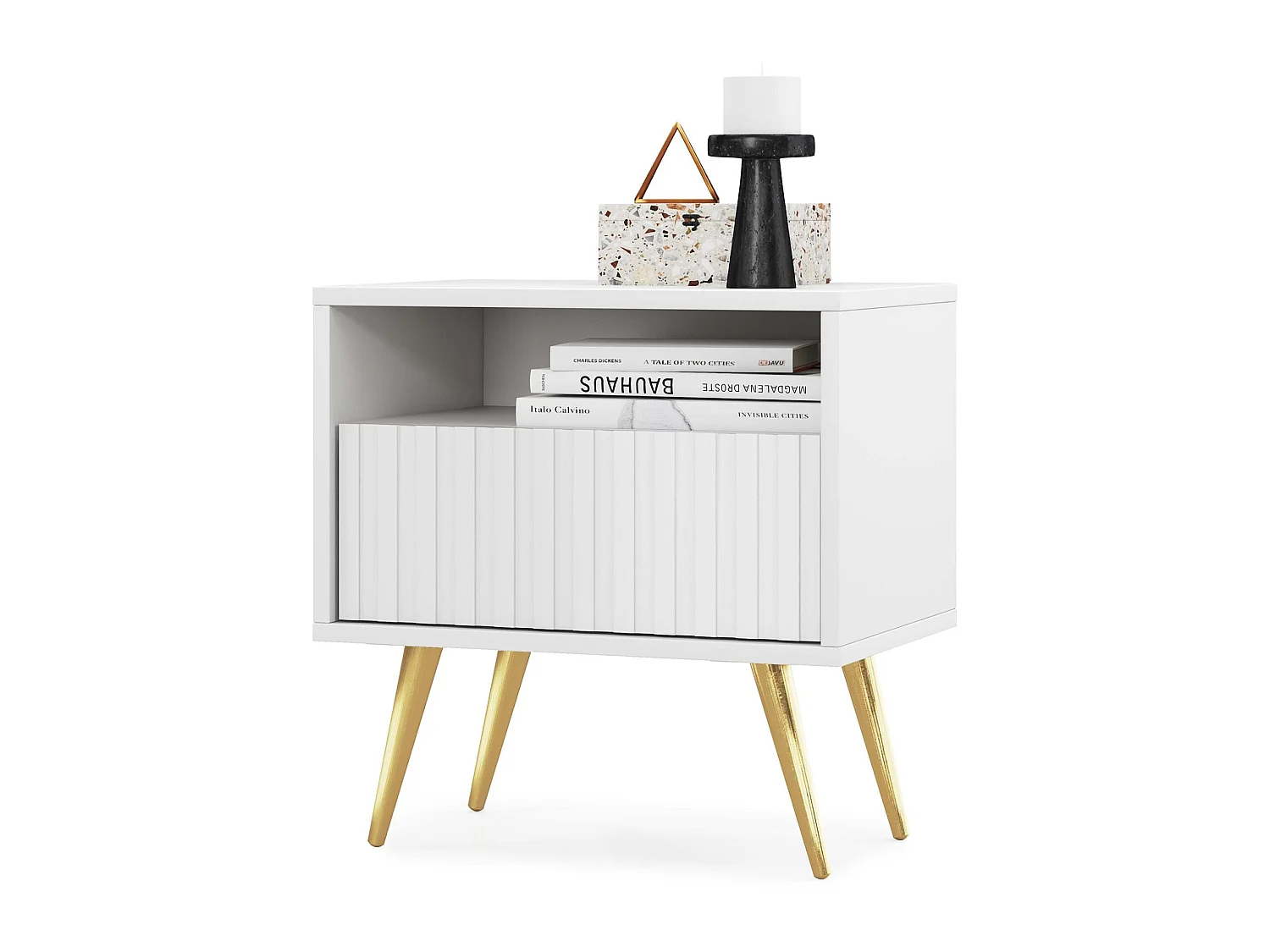 Nachttisch mit einer Schublade - Lattenrostfront - weiß mit goldenen Beinen - BELLO
