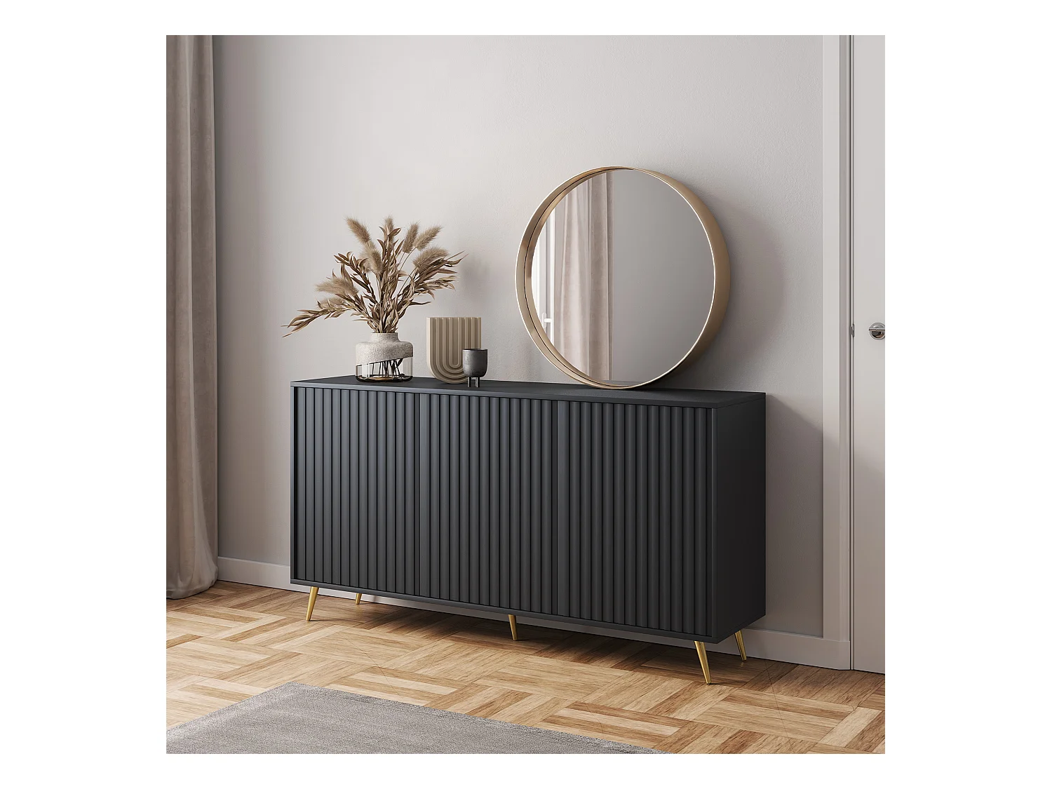 Dressoir met lamellenfronten - 154 cm - zwart met gouden poten - BELLO