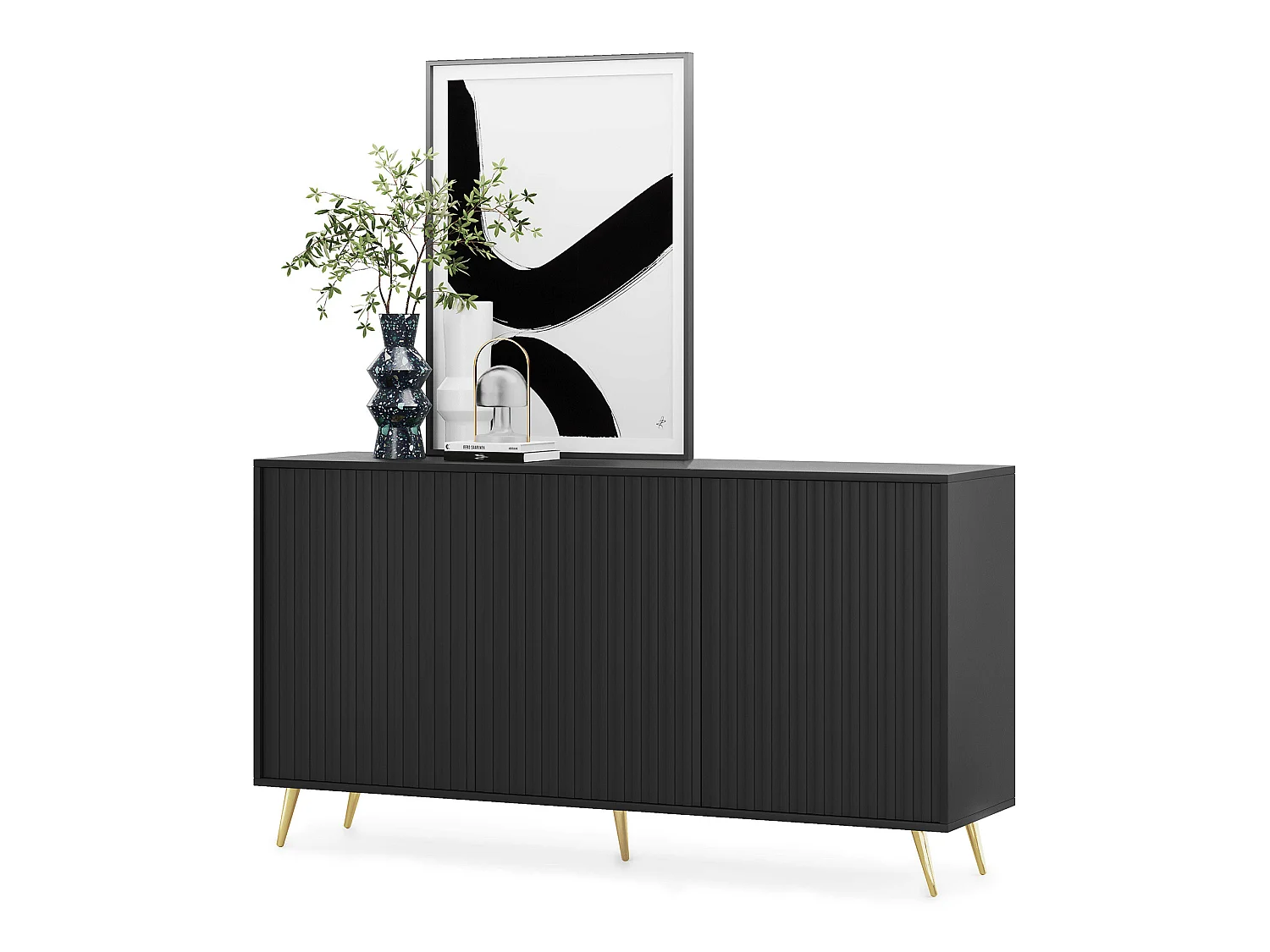 Dressoir met lamellenfronten - 154 cm - zwart met gouden poten - BELLO