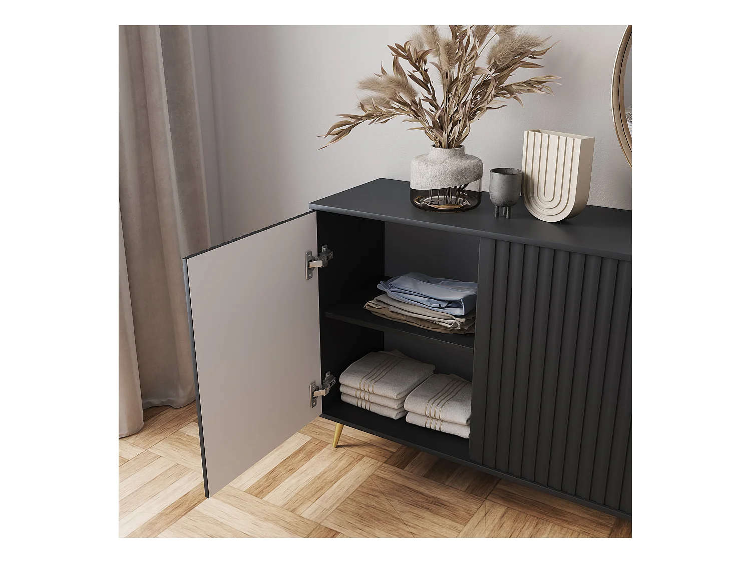 Dressoir met lamellenfronten - 154 cm - zwart met gouden poten - BELLO