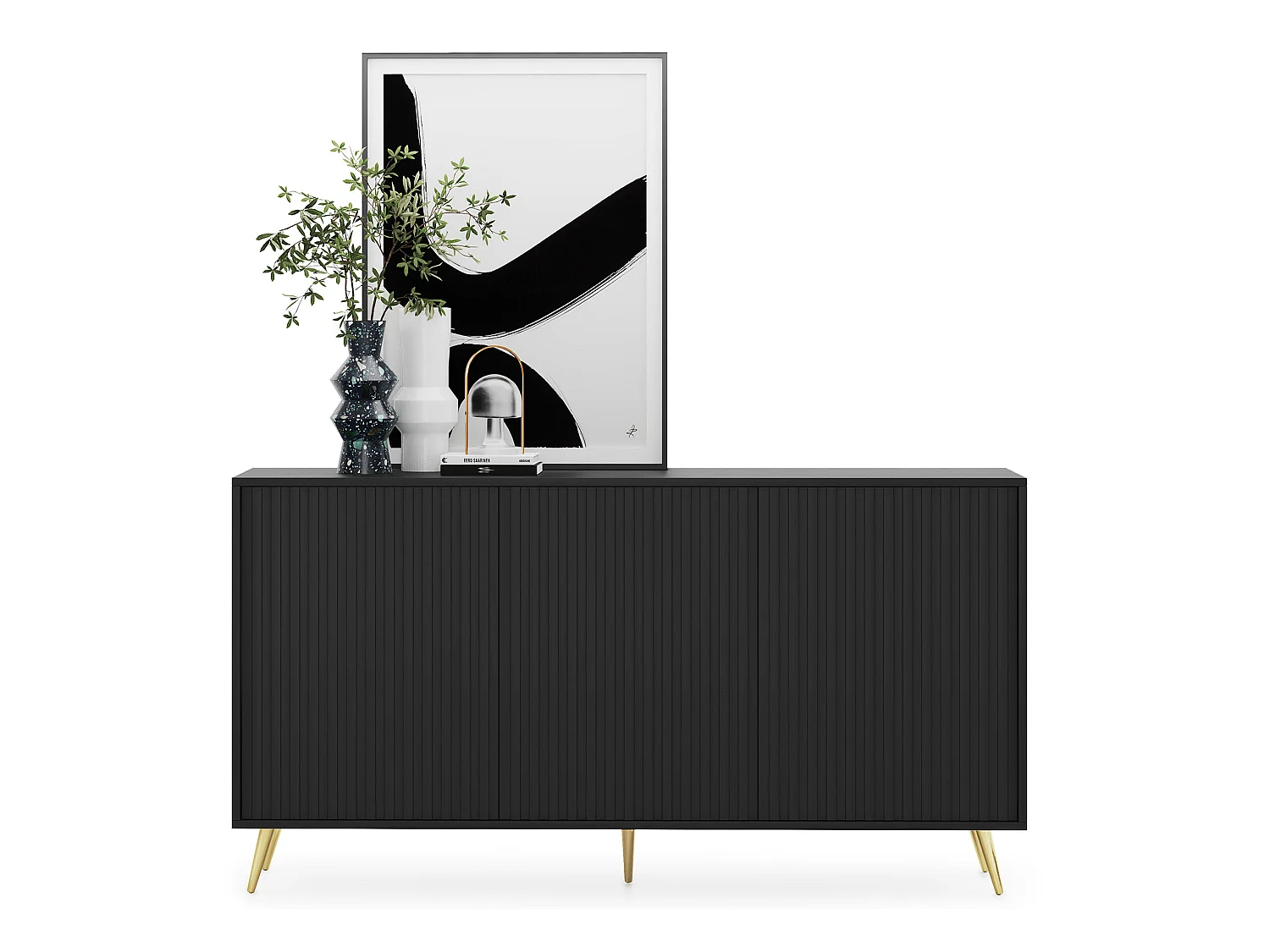 Dressoir met lamellenfronten - 154 cm - zwart met gouden poten - BELLO