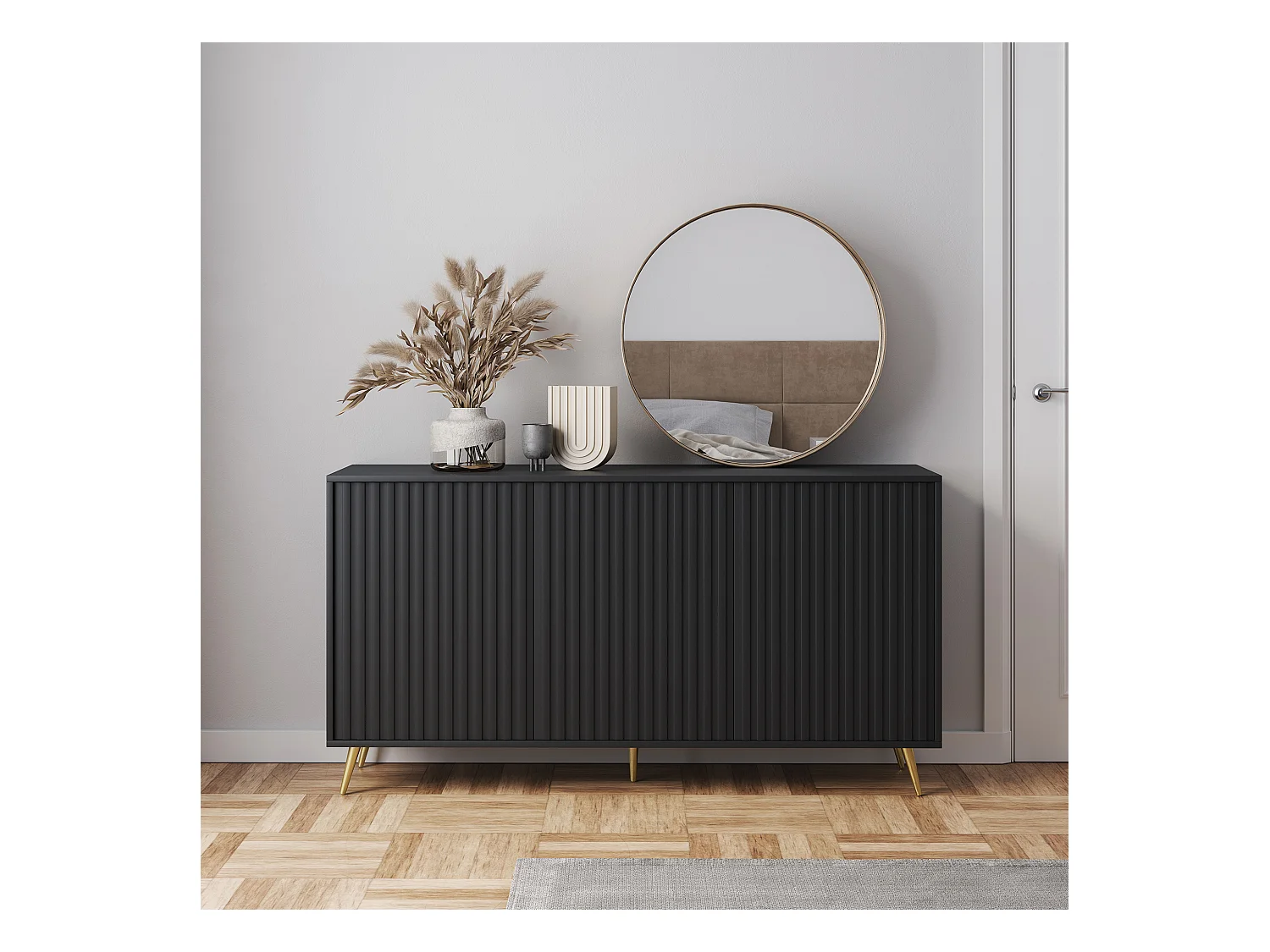Buffet avec façades à lamelles - 154 cm - noir avec pieds dorés - BELLO