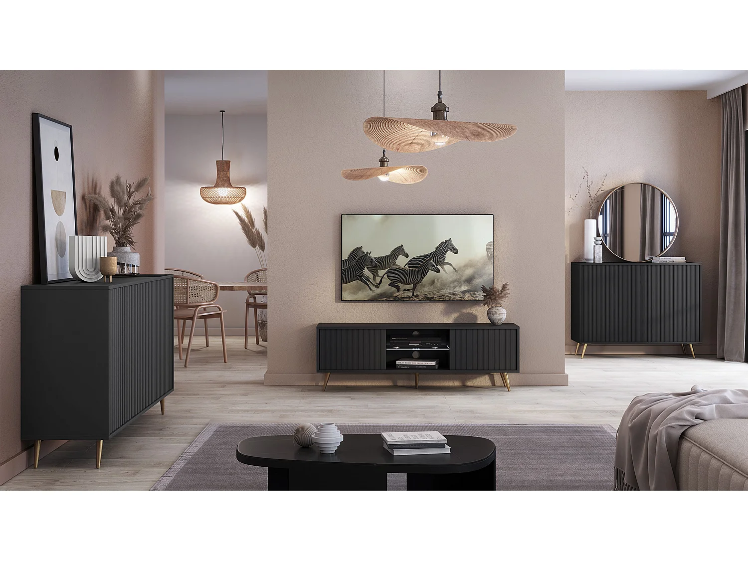 Sideboard mit Lamellenfronten - 154 cm - Schwarz mit goldenen Beinen - Bello